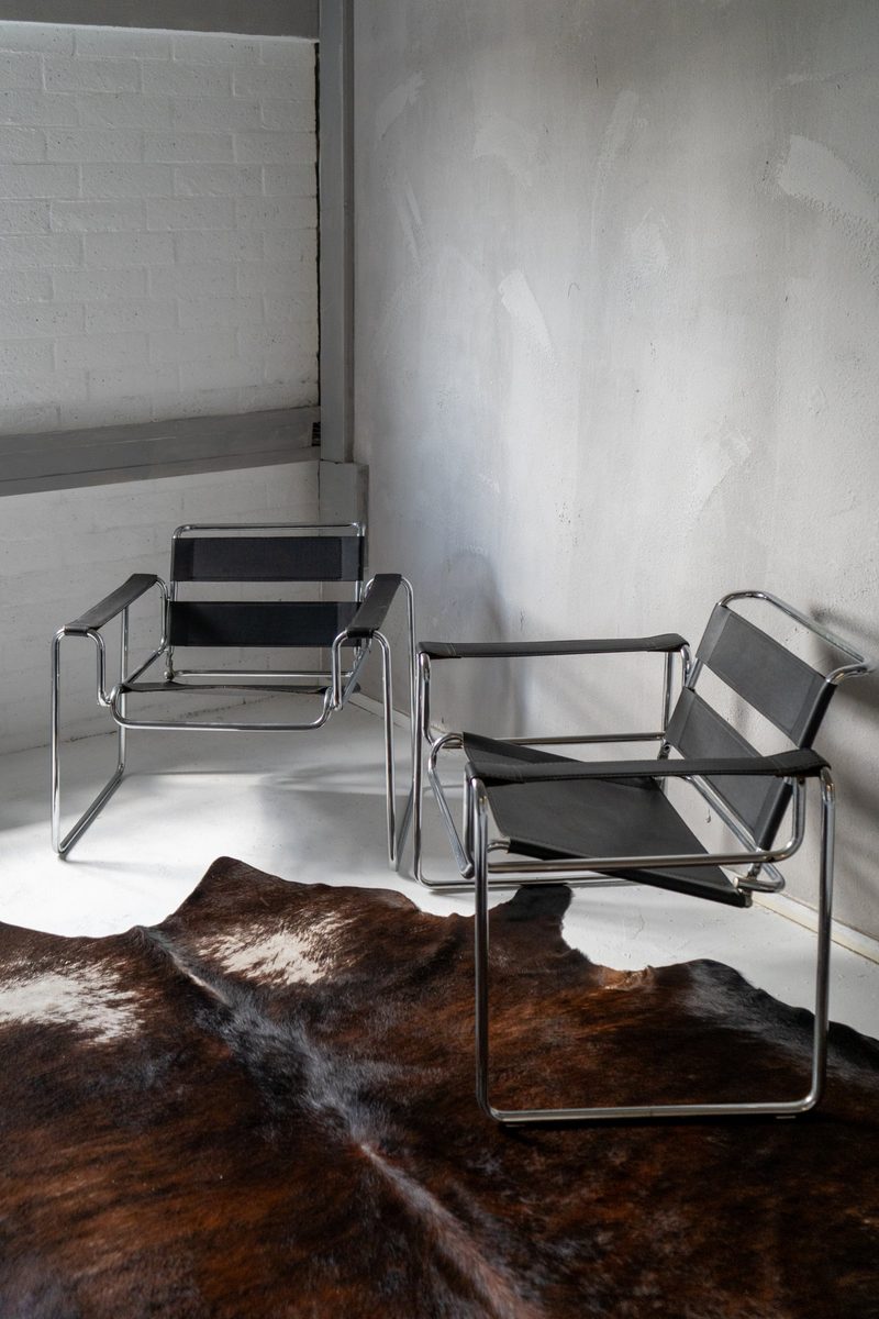Lounge met twee stalen fauteuils op een koeienhuid